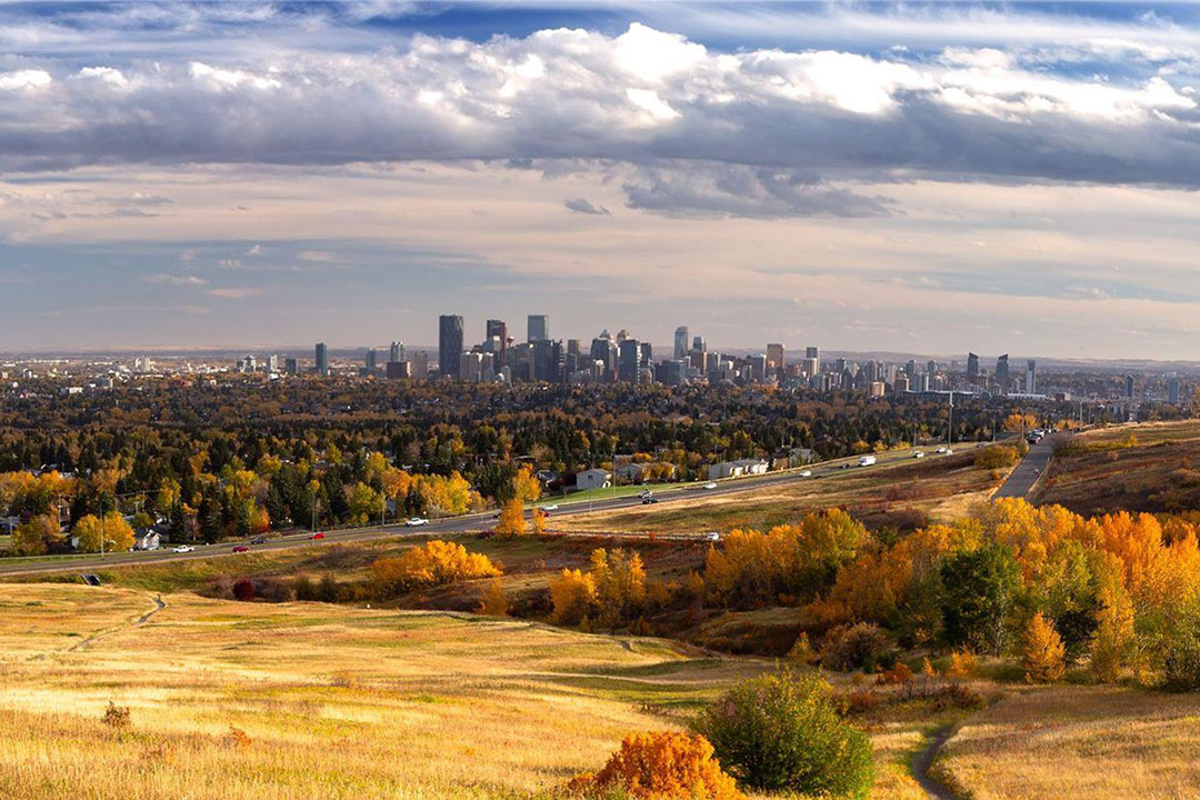 View of Calgary’s skyline from Nose Hill Park in North Calgary.