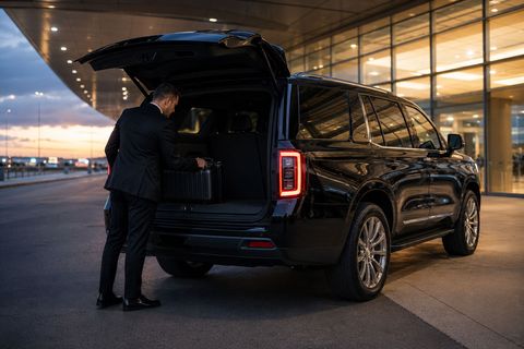 Professional chauffeur loading luggage into a black luxury SUV at an airport terminal.