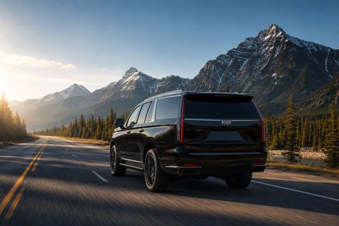 Black Cadillac Escalade ESV driving through the Bow Valley on the Trans-Canada Highway with snow-dusted Rocky Mountains.
